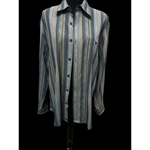 Tommy Bahama Mens Striped Long-Sleeve Button-Down Shirt 100% Silk Blue Beige - Picture 1 of 5